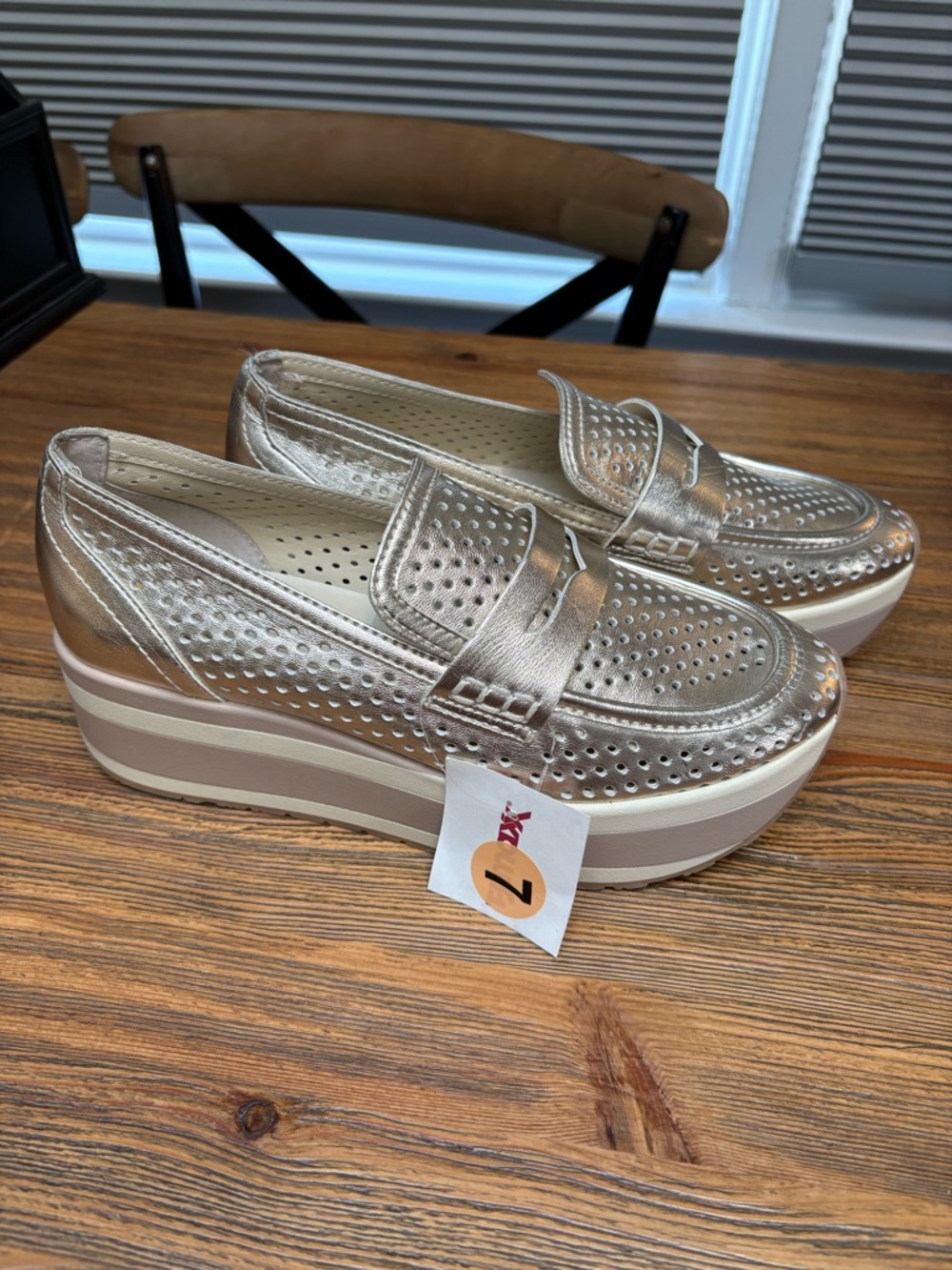 Dolce Vita Champagne Metallic Perforated Platform Loafers - Picture 2 of 13
